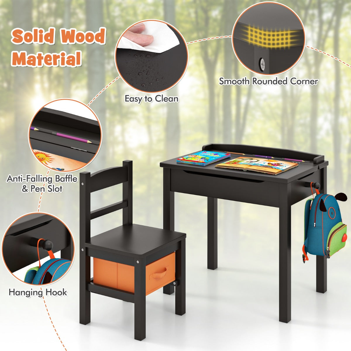 Livsk costway kindertafel en stoelenset opklapbaar bureau met stoel massief houten activiteitentafelset met veiligheidsscharnier uittrekbare lade koffie 3