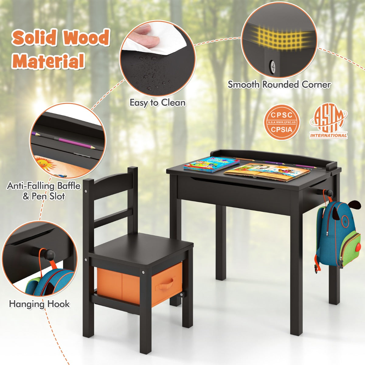 Livsk costway kindertafel en stoelenset opklapbaar bureau met stoel massief houten activiteitentafelset met veiligheidsscharnier uittrekbare lade koffie 4