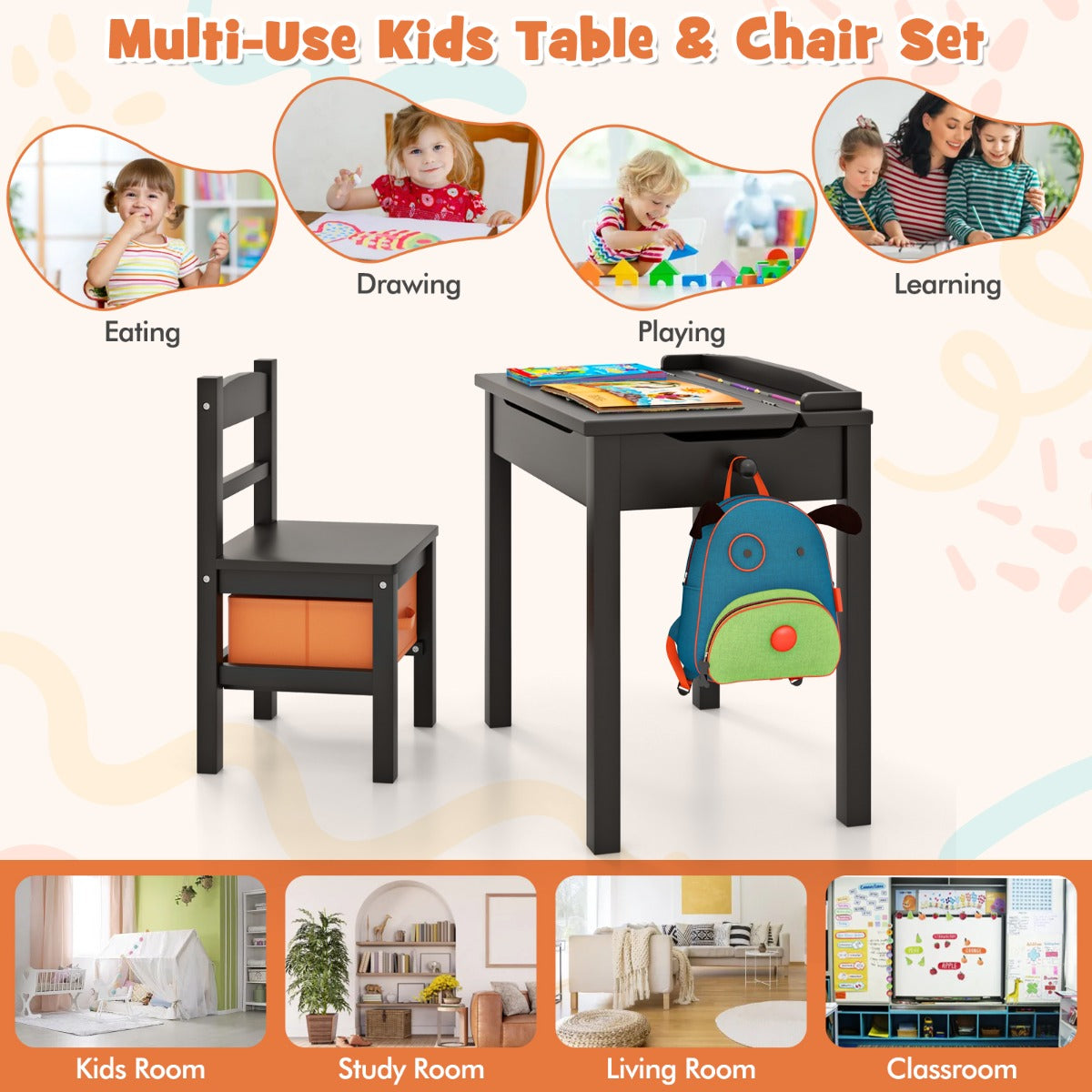 Livsk costway kindertafel en stoelenset opklapbaar bureau met stoel massief houten activiteitentafelset met veiligheidsscharnier uittrekbare lade koffie 5