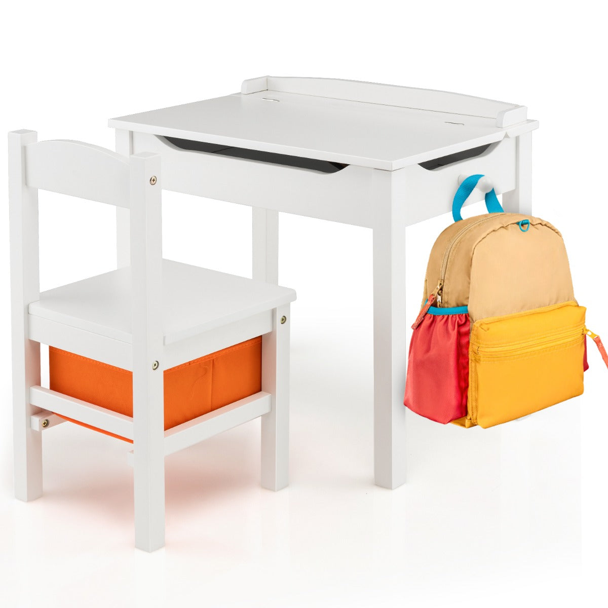 LIVSK Kindertafel en Stoelenset - Opklapbaar Bureau met Uittrekbare Lade - Ergonomisch Ontwerp - Massief Hout - Wit
