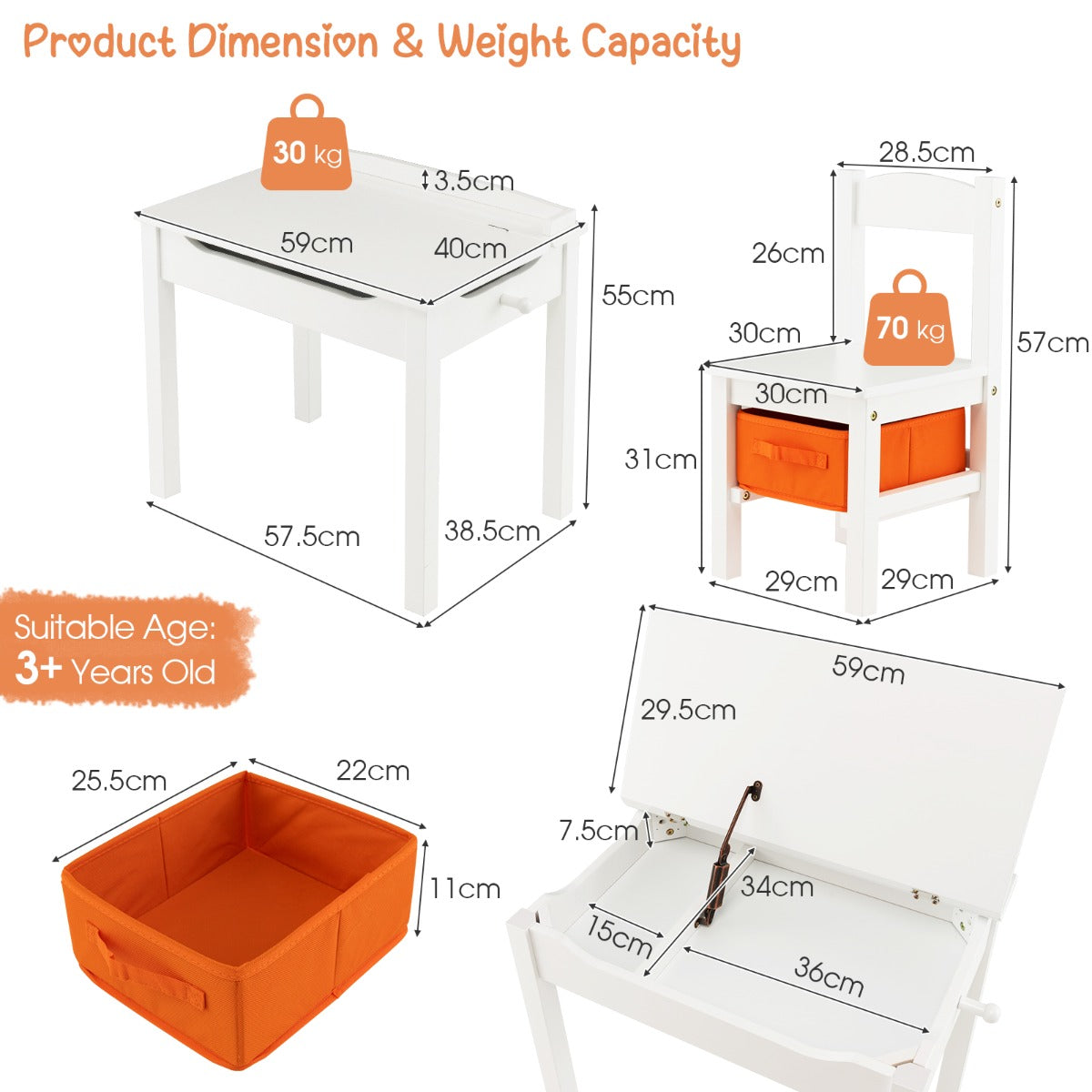 LIVSK Kindertafel en Stoelenset - Opklapbaar Bureau met Uittrekbare Lade - Ergonomisch Ontwerp - Massief Hout - Wit