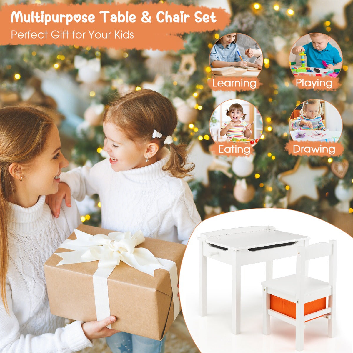 LIVSK Kindertafel en Stoelenset - Opklapbaar Bureau met Uittrekbare Lade - Ergonomisch Ontwerp - Massief Hout - Wit