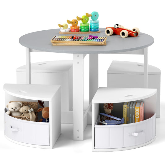 LIVSK Kindertafel en Krukjes Set - 4 Opbergkrukjes - Stevig MDF - Veilig en Duurzaam - Geschikt tot 90 kg - Grijs en Wit