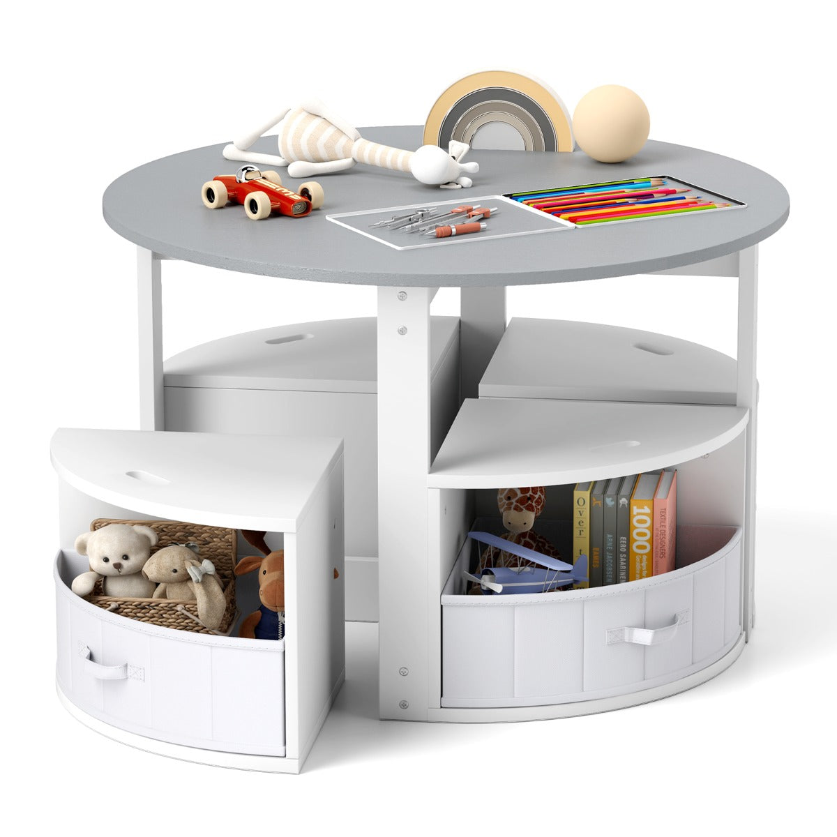 LIVSK Kindertafel en Krukjes Set - 4 Opbergkrukjes - Stevig MDF - Veilig en Duurzaam - Geschikt tot 90 kg - Grijs en Wit