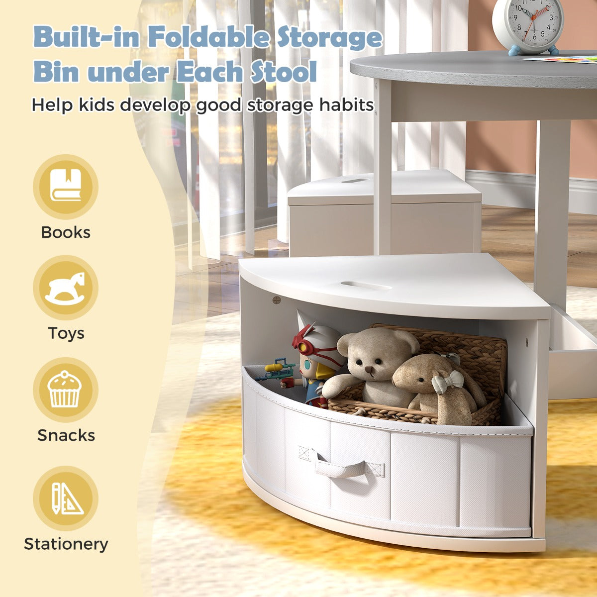 LIVSK Kindertafel en Krukjes Set - 4 Opbergkrukjes - Stevig MDF - Veilig en Duurzaam - Geschikt tot 90 kg - Grijs en Wit