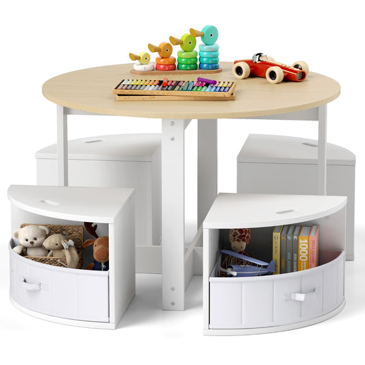 LIVSK Kindertafel en Krukjes Set - Ronde Tafel met 4 Opbergkrukjes - Veilig en Duurzaam - Voor Activiteiten - Grijs en Wit