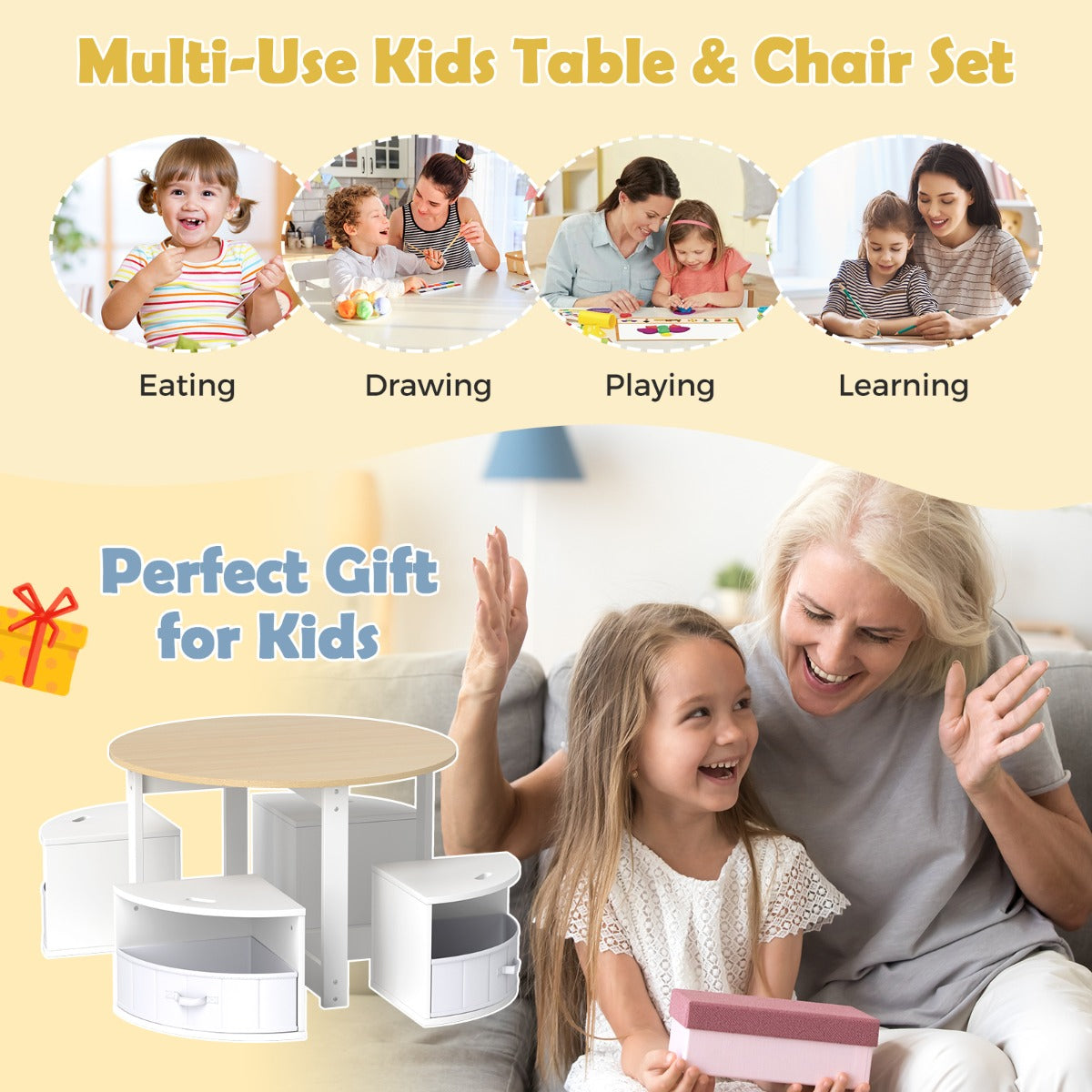 LIVSK Kindertafel en Krukjes Set - Ronde Tafel met 4 Opbergkrukjes - Veilig en Duurzaam - Voor Activiteiten - Grijs en Wit