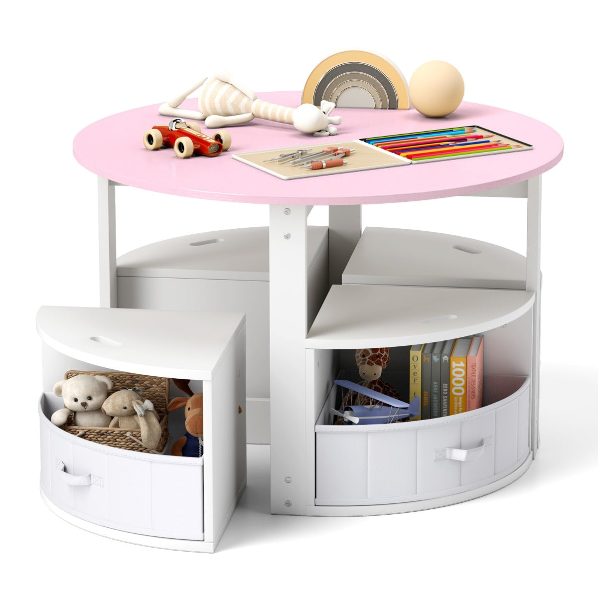 Livsk costway kindertafel en stoelenset ronde nesttafel met 4 krukken 4 stoffen lades voor activiteiten spelletjes kunst roze en wit 1