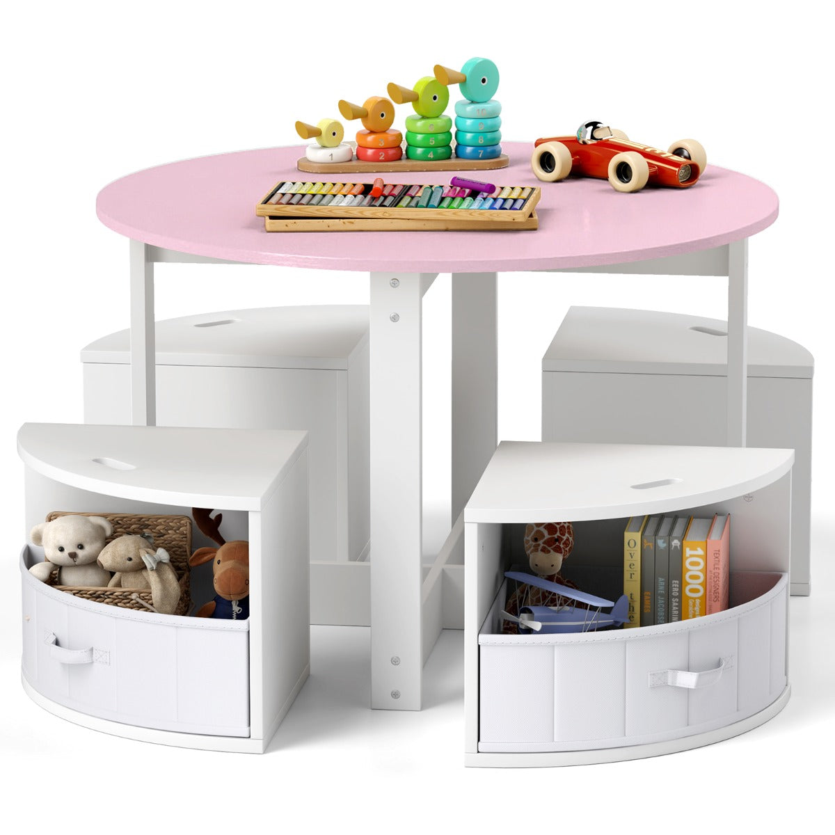 Livsk costway kindertafel en stoelenset ronde nesttafel met 4 krukken 4 stoffen lades voor activiteiten spelletjes kunst roze en wit