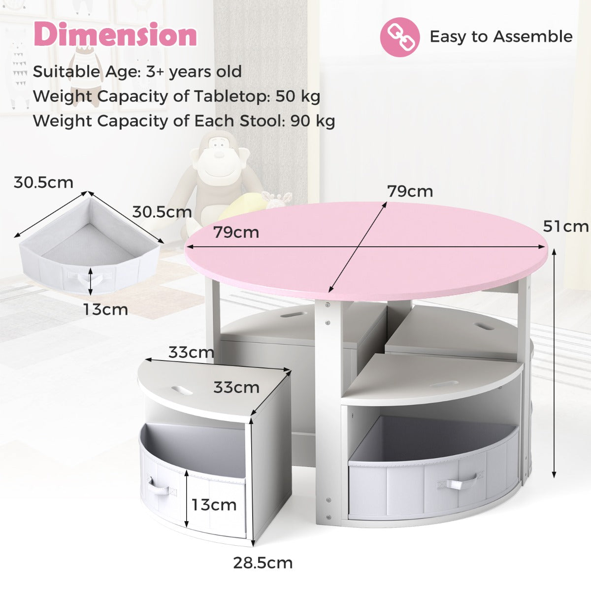 Livsk costway kindertafel en stoelenset ronde nesttafel met 4 krukken 4 stoffen lades voor activiteiten spelletjes kunst roze en wit