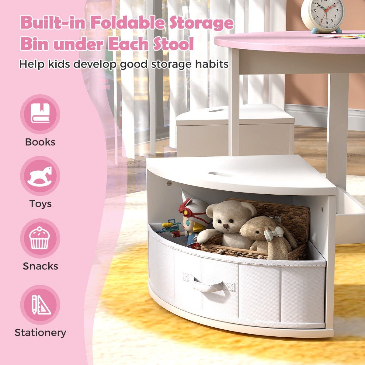Livsk costway kindertafel en stoelenset ronde nesttafel met 4 krukken 4 stoffen lades voor activiteiten spelletjes kunst roze en wit