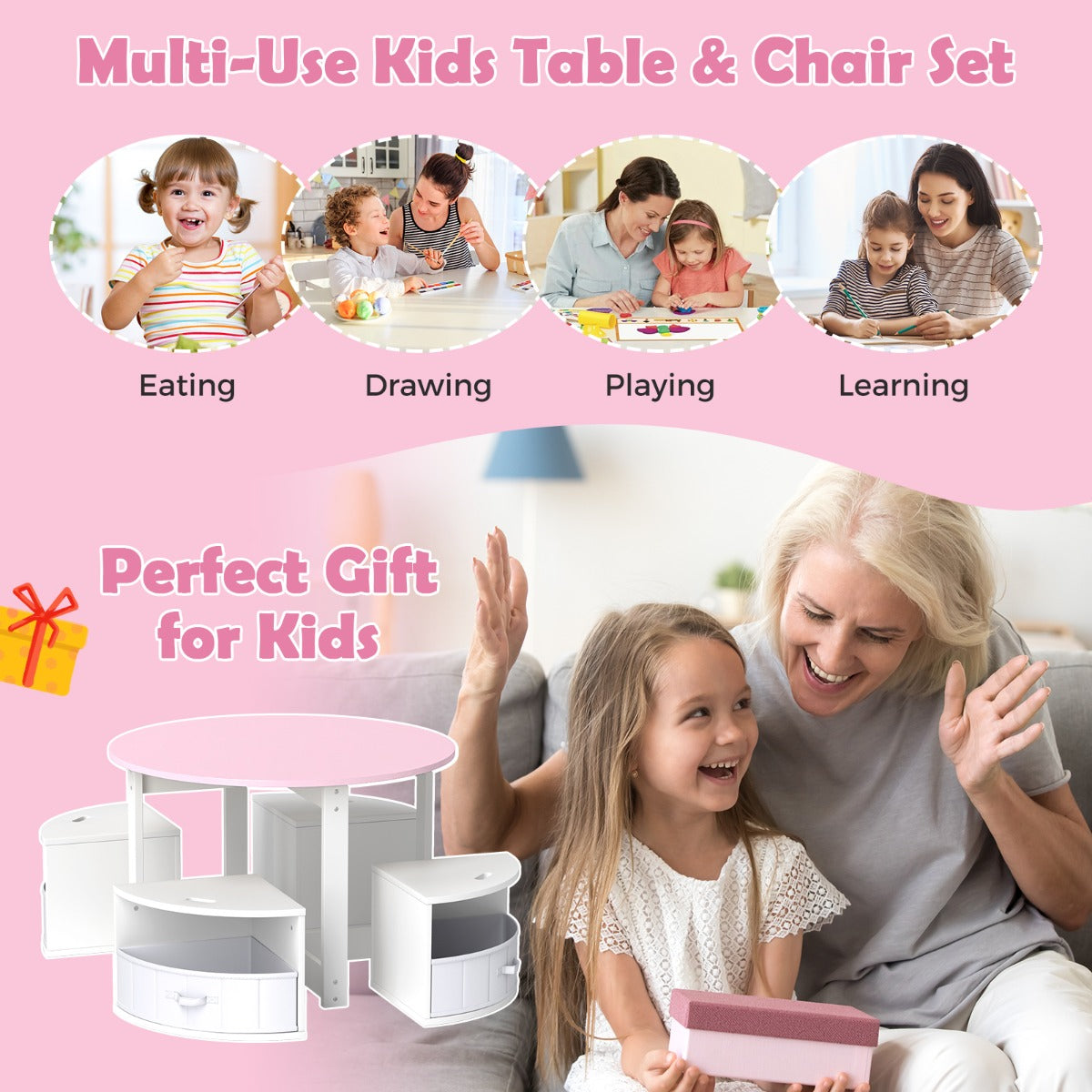 Livsk costway kindertafel en stoelenset ronde nesttafel met 4 krukken 4 stoffen lades voor activiteiten spelletjes kunst roze en wit