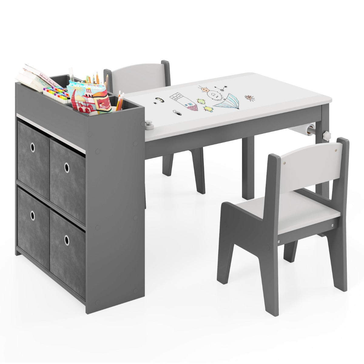 Livsk costway kindertafel en stoelenset tekentafel met 2 stoelen papierhouder en rol 4 stoffen bakken open planken activiteitentafel grijs 1 1