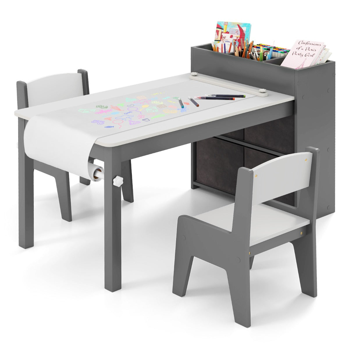 Livsk costway kindertafel en stoelenset tekentafel met 2 stoelen papierhouder en rol 4 stoffen bakken open planken activiteitentafel grijs