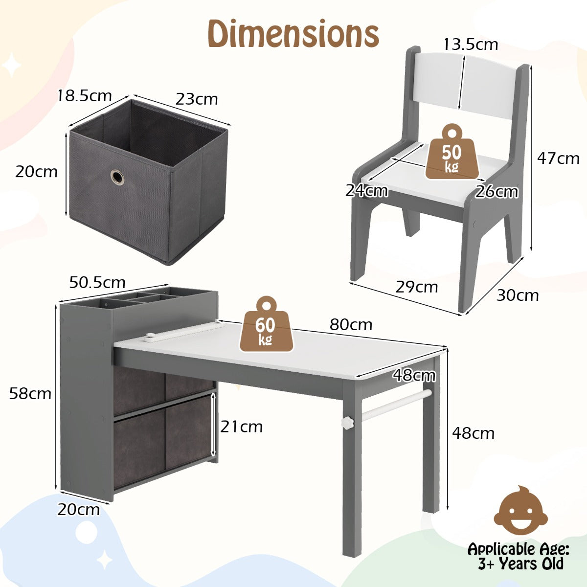Livsk costway kindertafel en stoelenset tekentafel met 2 stoelen papierhouder en rol 4 stoffen bakken open planken activiteitentafel grijs 2