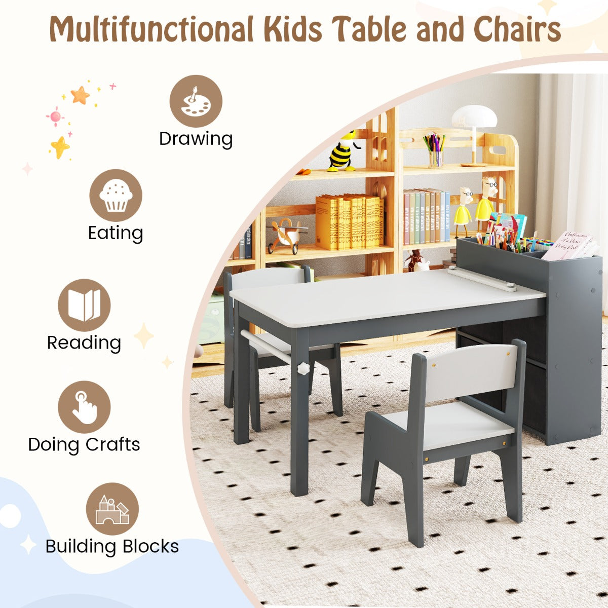 Livsk costway kindertafel en stoelenset tekentafel met 2 stoelen papierhouder en rol 4 stoffen bakken open planken activiteitentafel grijs 3
