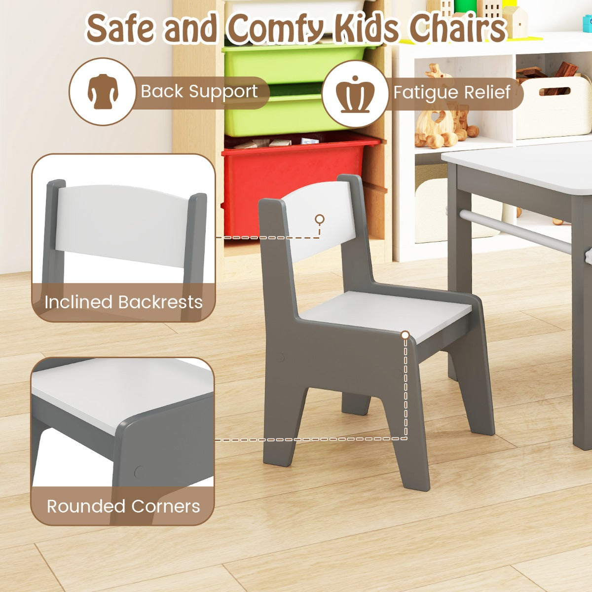 Livsk costway kindertafel en stoelenset tekentafel met 2 stoelen papierhouder en rol 4 stoffen bakken open planken activiteitentafel grijs 6