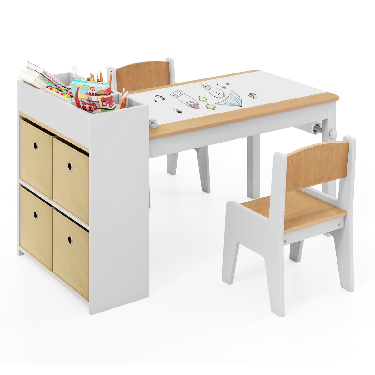 Livsk costway kindertafel en stoelenset tekentafel met 2 stoelen papierhouder en rol 4 stoffen bakken open planken activiteitentafel naturel 1 1