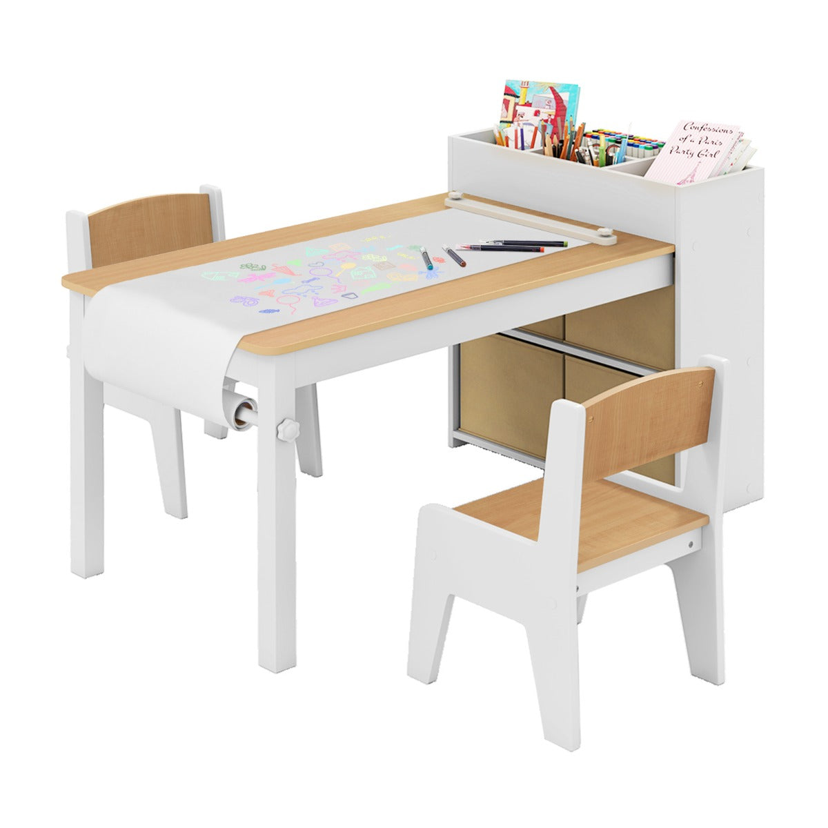 Livsk costway kindertafel en stoelenset tekentafel met 2 stoelen papierhouder en rol 4 stoffen bakken open planken activiteitentafel naturel