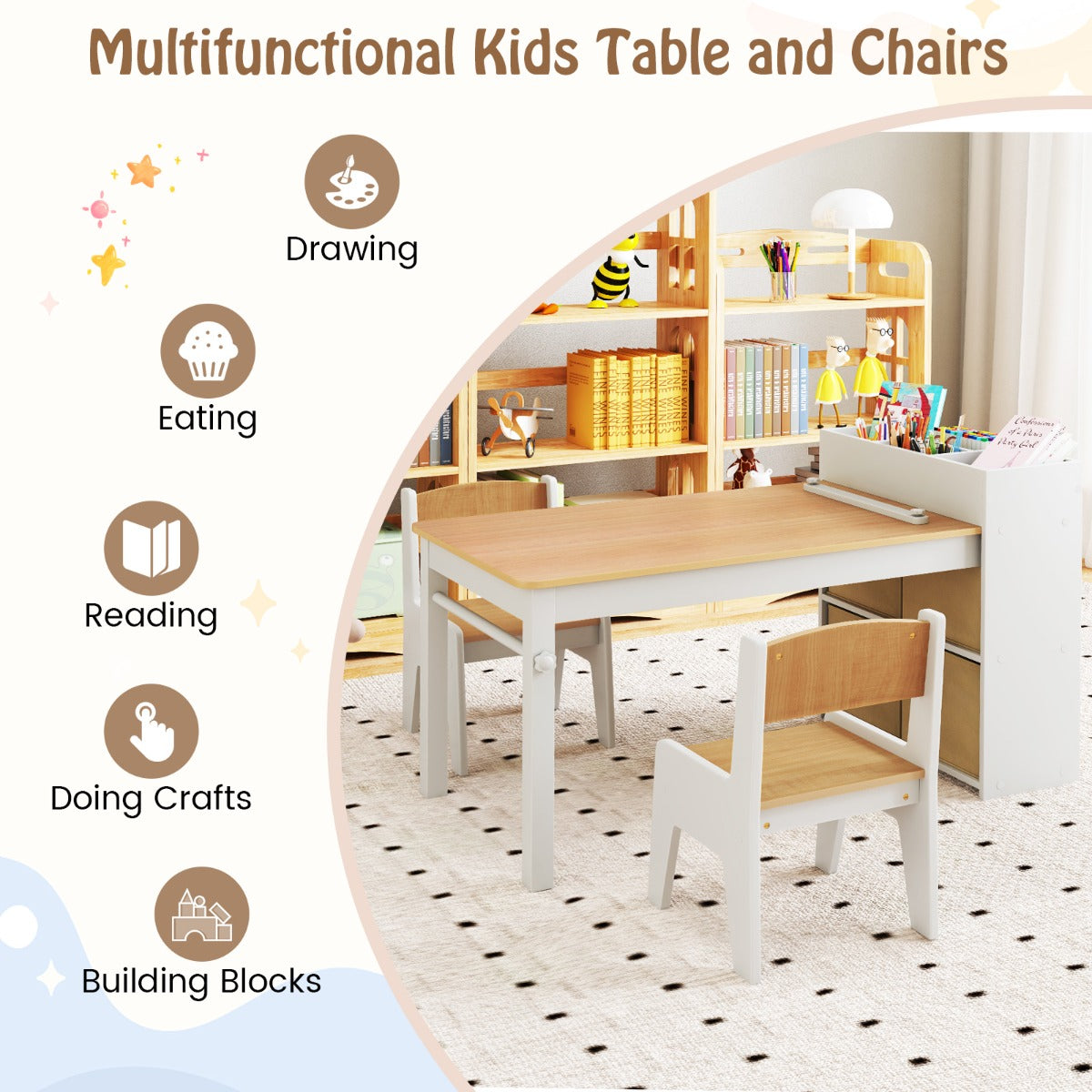Livsk costway kindertafel en stoelenset tekentafel met 2 stoelen papierhouder en rol 4 stoffen bakken open planken activiteitentafel naturel 3