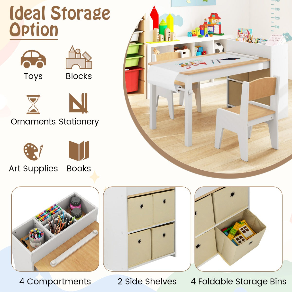 Livsk costway kindertafel en stoelenset tekentafel met 2 stoelen papierhouder en rol 4 stoffen bakken open planken activiteitentafel naturel 4