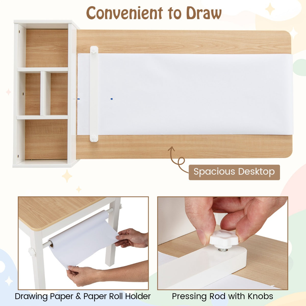 Livsk costway kindertafel en stoelenset tekentafel met 2 stoelen papierhouder en rol 4 stoffen bakken open planken activiteitentafel naturel 5
