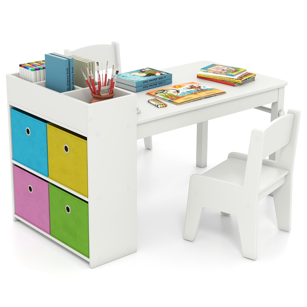 Livsk costway kindertafel en stoelenset tekentafel met 2 stoelen papierhouder en rol 4 stoffen bakken open planken activiteitentafel voor de speelkamer wit 1 1