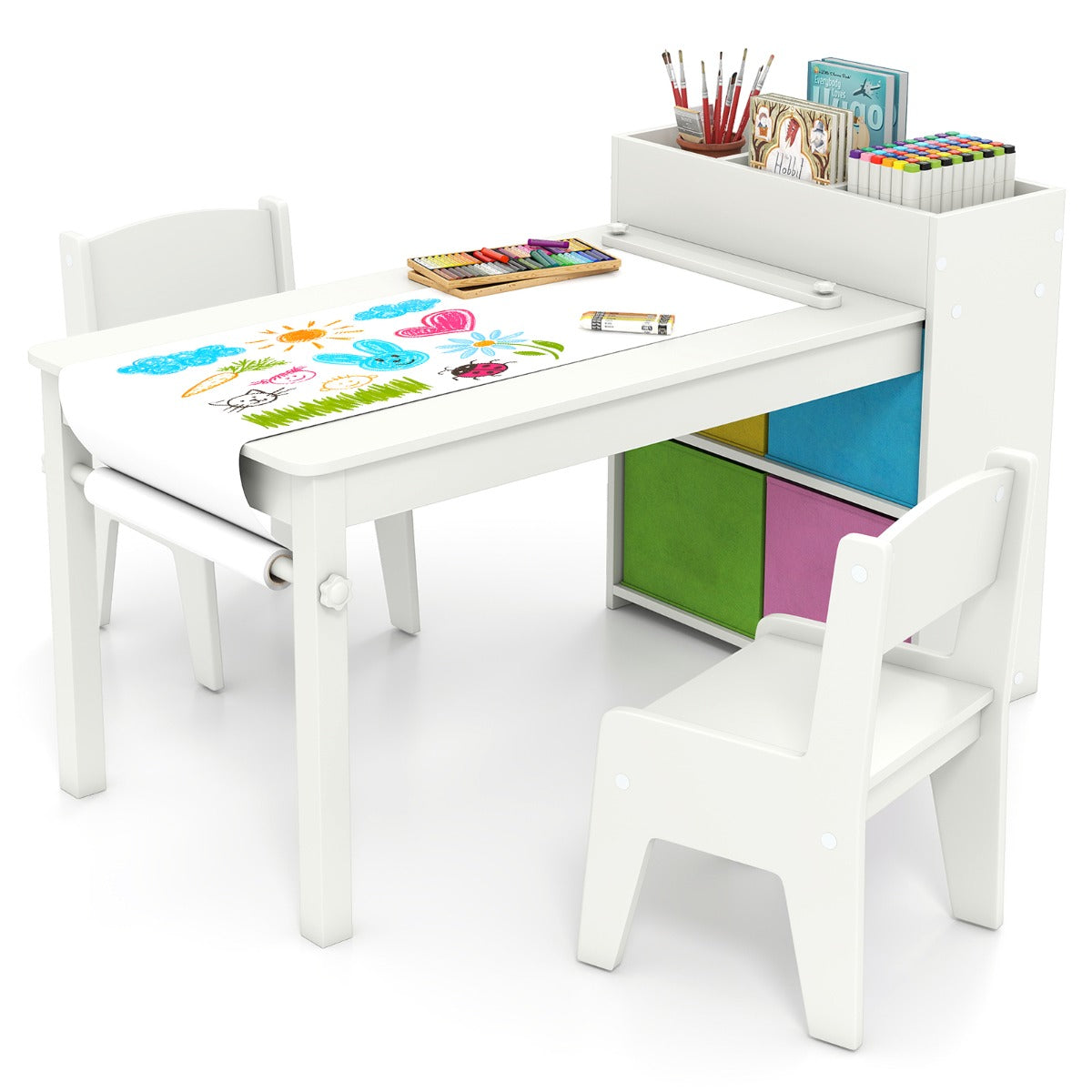 Livsk costway kindertafel en stoelenset tekentafel met 2 stoelen papierhouder en rol 4 stoffen bakken open planken activiteitentafel voor de speelkamer wit