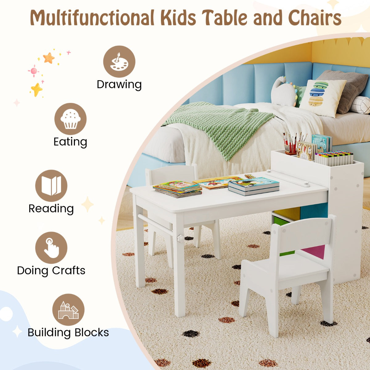 Livsk costway kindertafel en stoelenset tekentafel met 2 stoelen papierhouder en rol 4 stoffen bakken open planken activiteitentafel voor de speelkamer wit 4