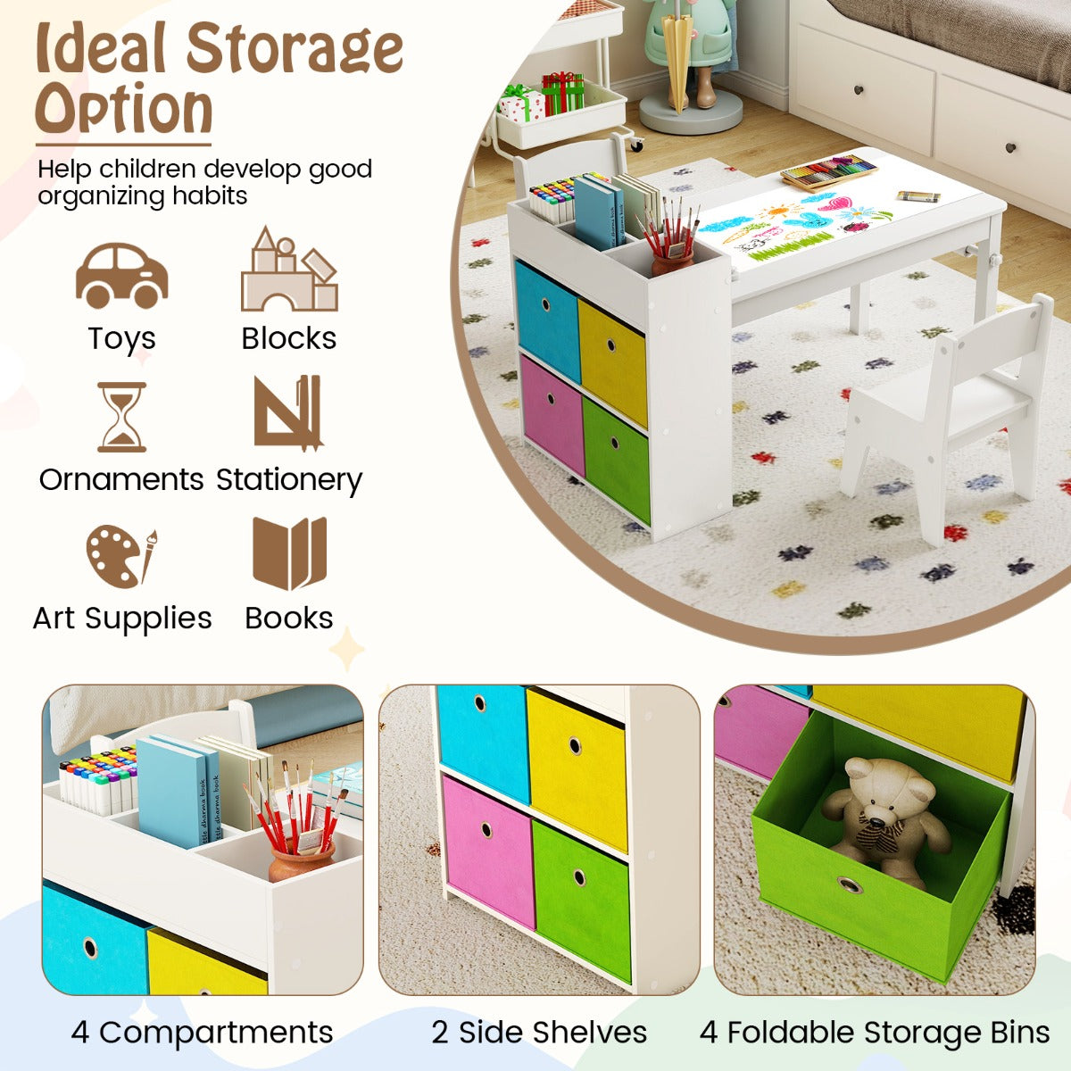 Livsk costway kindertafel en stoelenset tekentafel met 2 stoelen papierhouder en rol 4 stoffen bakken open planken activiteitentafel voor de speelkamer wit 5