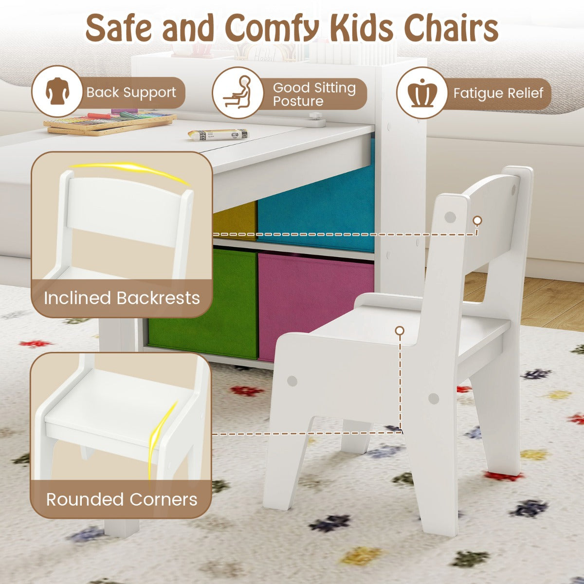 Livsk costway kindertafel en stoelenset tekentafel met 2 stoelen papierhouder en rol 4 stoffen bakken open planken activiteitentafel voor de speelkamer wit 6