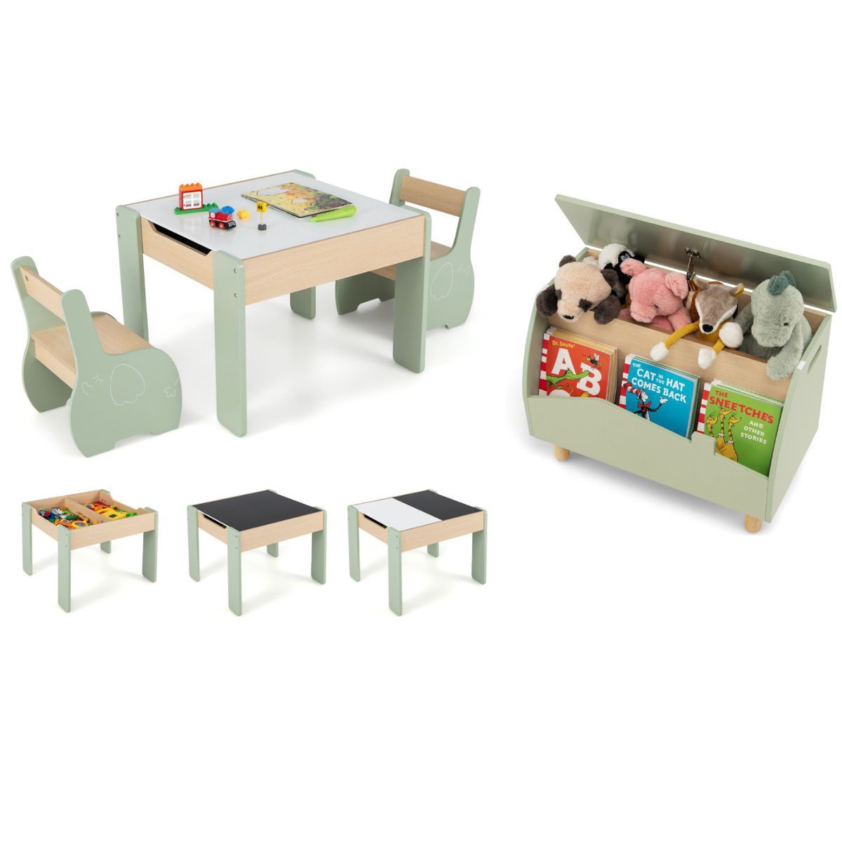 Livsk costway kindertafel en stoelset en praktische speelgoedkist stabiele kindermeubel en boekenkastset