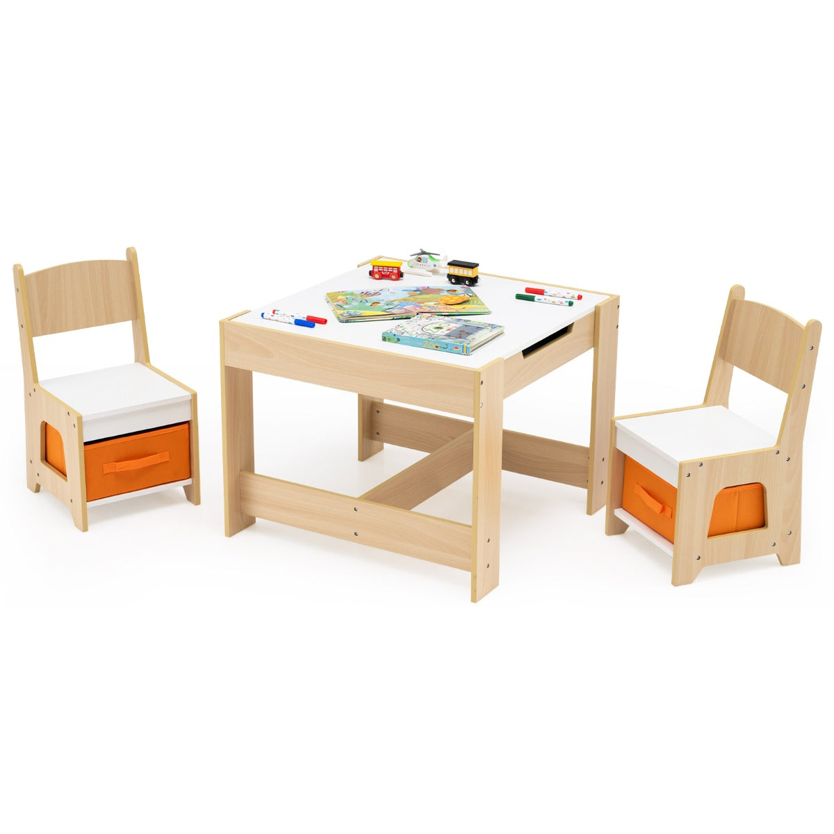 Livsk costway kindertafel en stoelset houten activiteiten tafel met 2 zitplaatsen afneembaar dubbelzijdig tafelblad