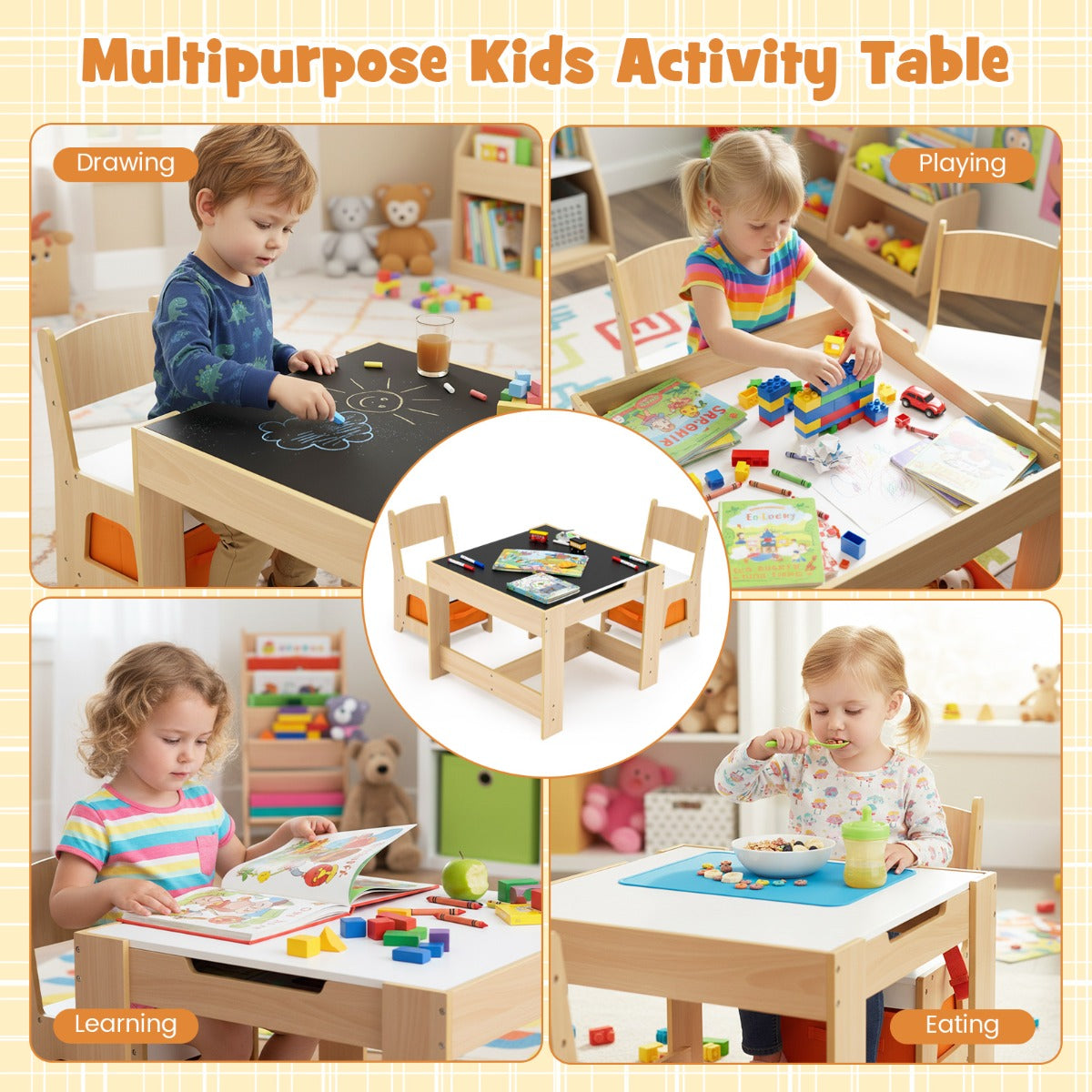 Livsk costway kindertafel en stoelset houten activiteiten tafel met 2 zitplaatsen afneembaar dubbelzijdig tafelblad 4