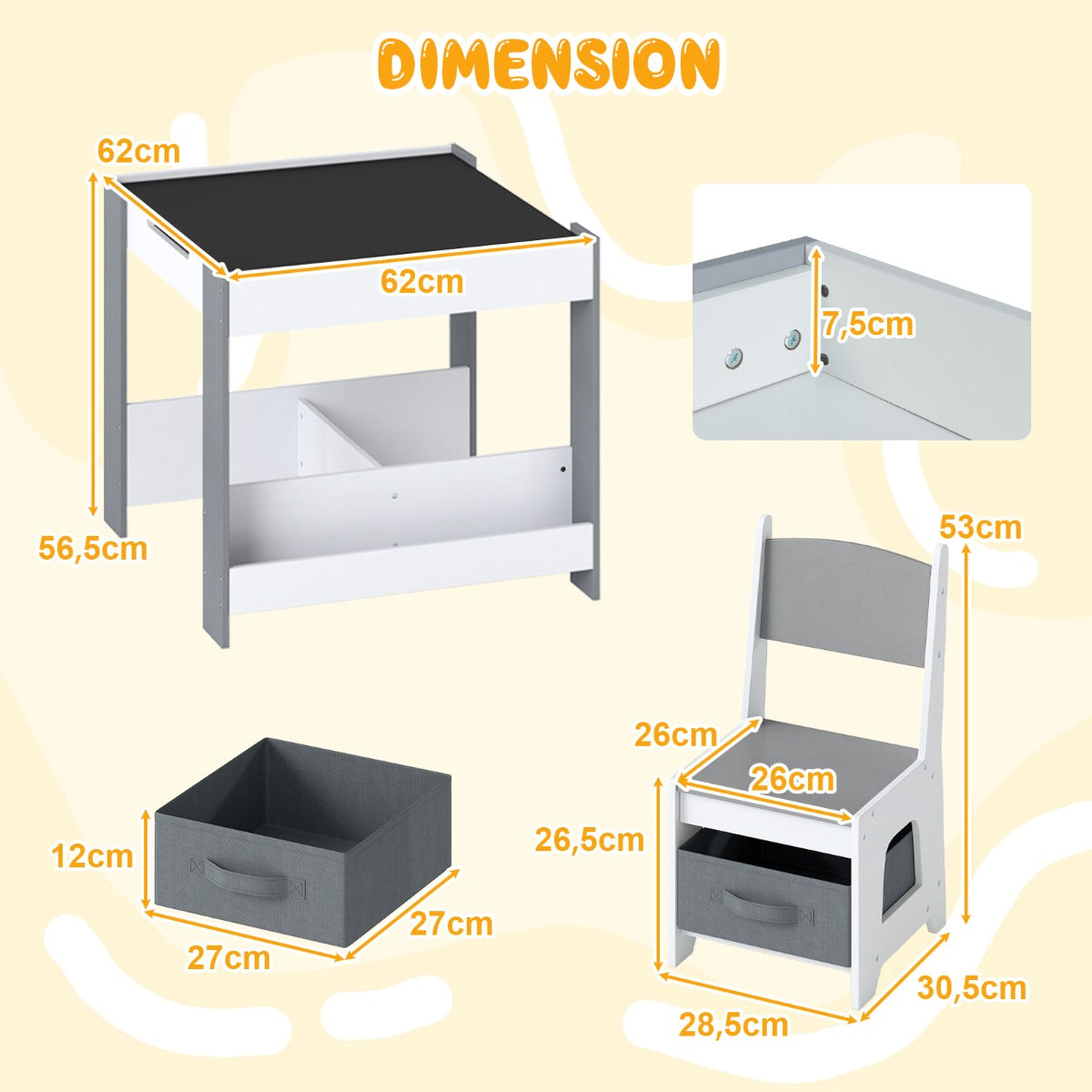 Livsk costway kindertafel en stoelset houten peuteractiviteitentafel met opklapbaar blad boekenplank en lades grijs 1 1