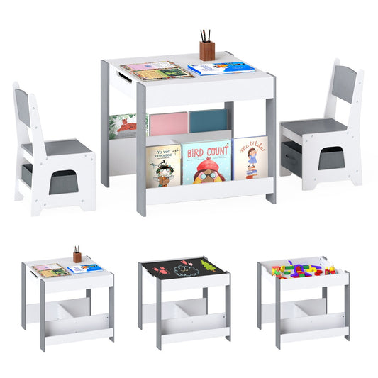 Livsk costway kindertafel en stoelset houten peuteractiviteitentafel met opklapbaar blad boekenplank en lades grijs