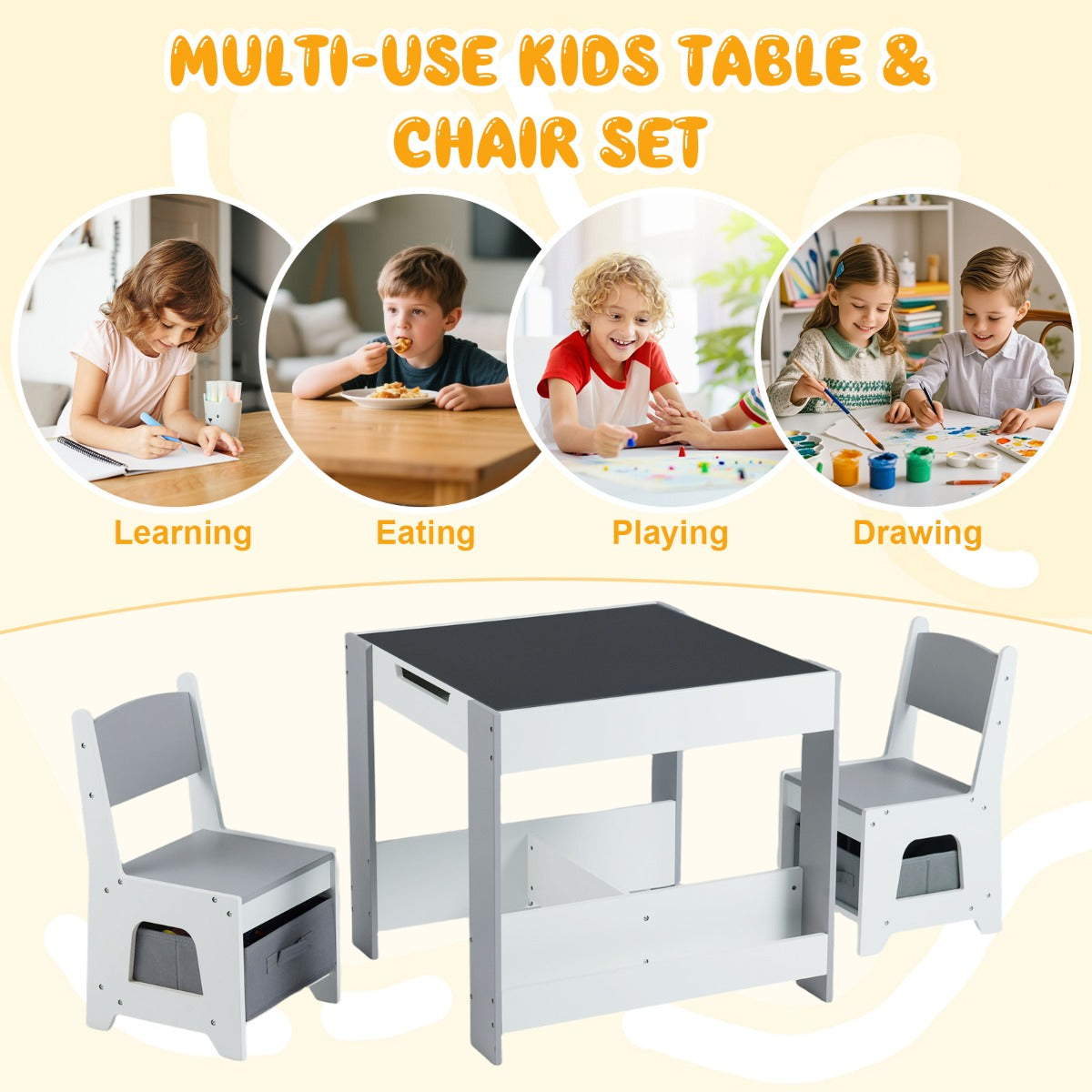 Livsk costway kindertafel en stoelset houten peuteractiviteitentafel met opklapbaar blad boekenplank en lades grijs 5