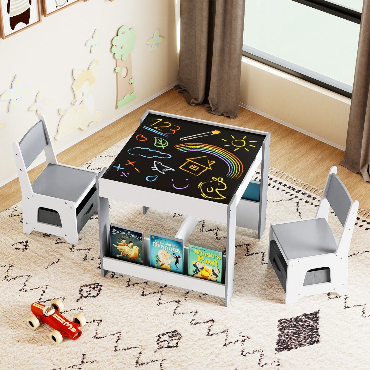 Livsk costway kindertafel en stoelset houten peuteractiviteitentafel met opklapbaar blad boekenplank en lades grijs 6