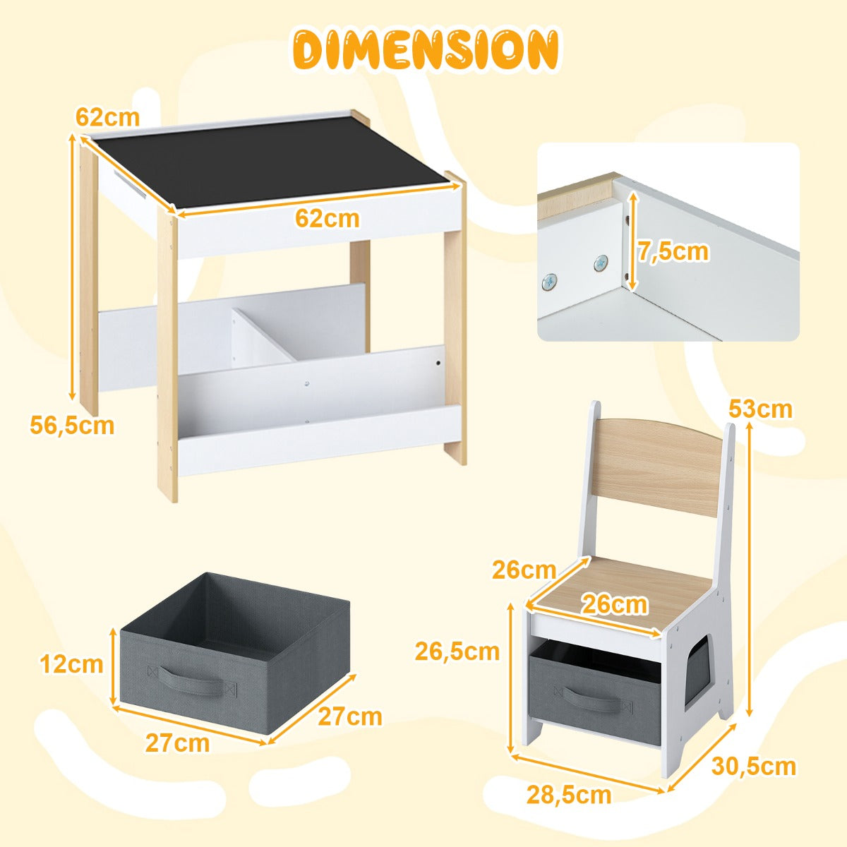 Livsk costway kindertafel en stoelset houten peuteractiviteitentafel met opklapbaar blad boekenplank en lades naturel 1 1