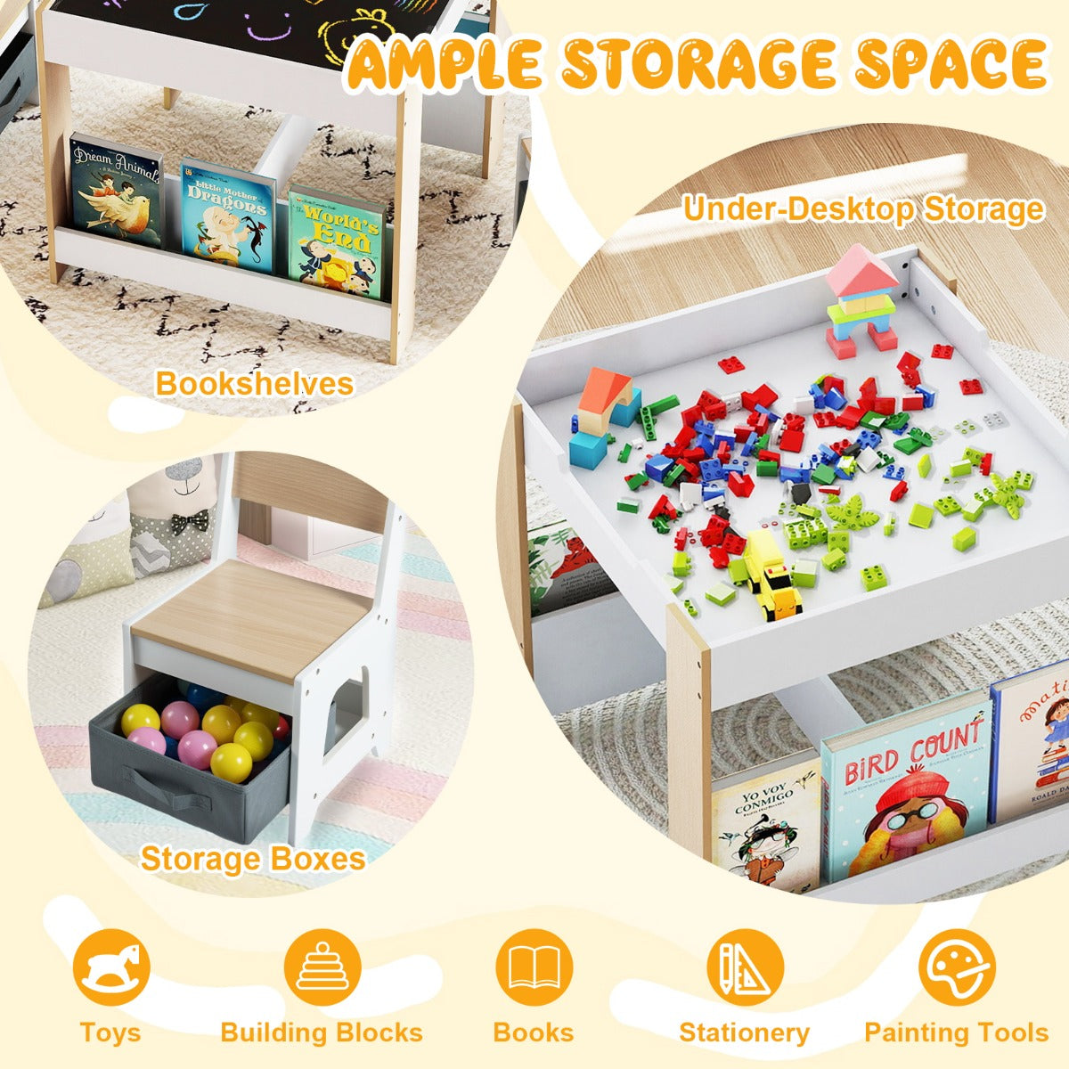 Livsk costway kindertafel en stoelset houten peuteractiviteitentafel met opklapbaar blad boekenplank en lades naturel 2 2