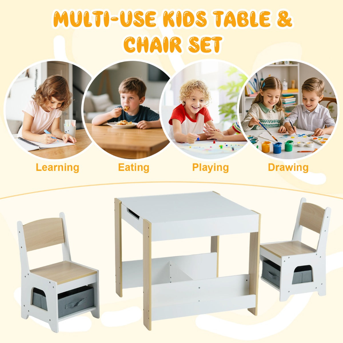Livsk costway kindertafel en stoelset houten peuteractiviteitentafel met opklapbaar blad boekenplank en lades naturel 5 1