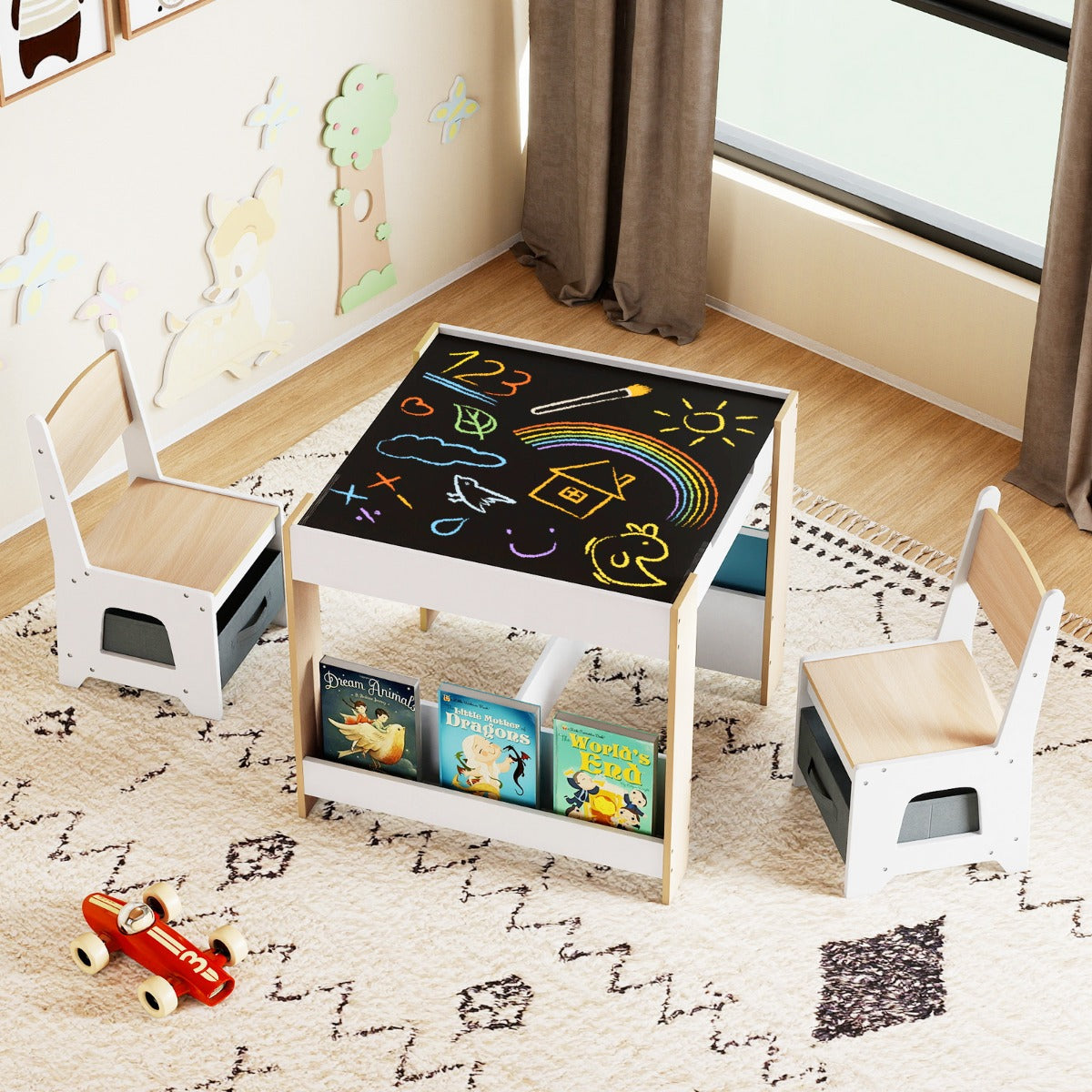Livsk costway kindertafel en stoelset houten peuteractiviteitentafel met opklapbaar blad boekenplank en lades naturel 6 1