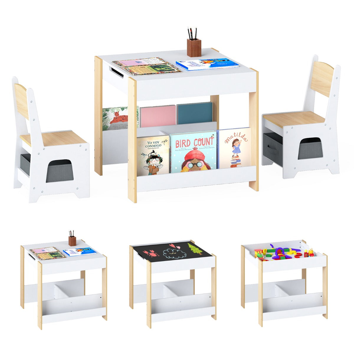 Livsk costway kindertafel en stoelset houten peuteractiviteitentafel met opklapbaar blad boekenplank en lades naturel 1