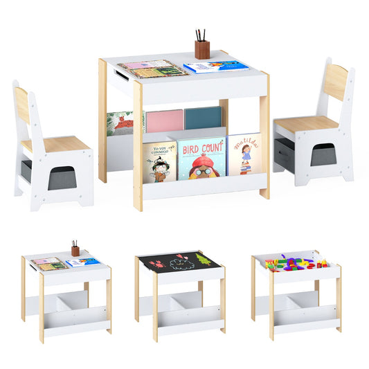 Livsk costway kindertafel en stoelset houten peuteractiviteitentafel met opklapbaar blad boekenplank en lades naturel 1