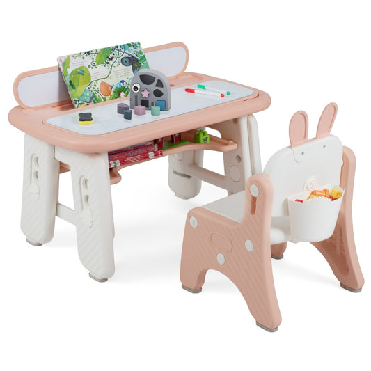 Livsk costway kindertafel en stoelset kunsttafel en stoel voor peuters met opklapbaar boekenrek roze
