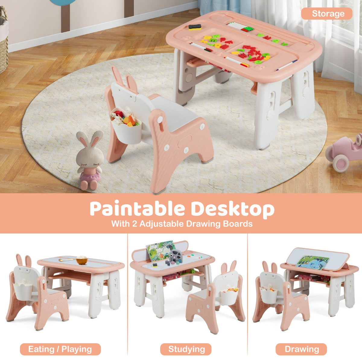 Livsk costway kindertafel en stoelset kunsttafel en stoel voor peuters met opklapbaar boekenrek roze 2