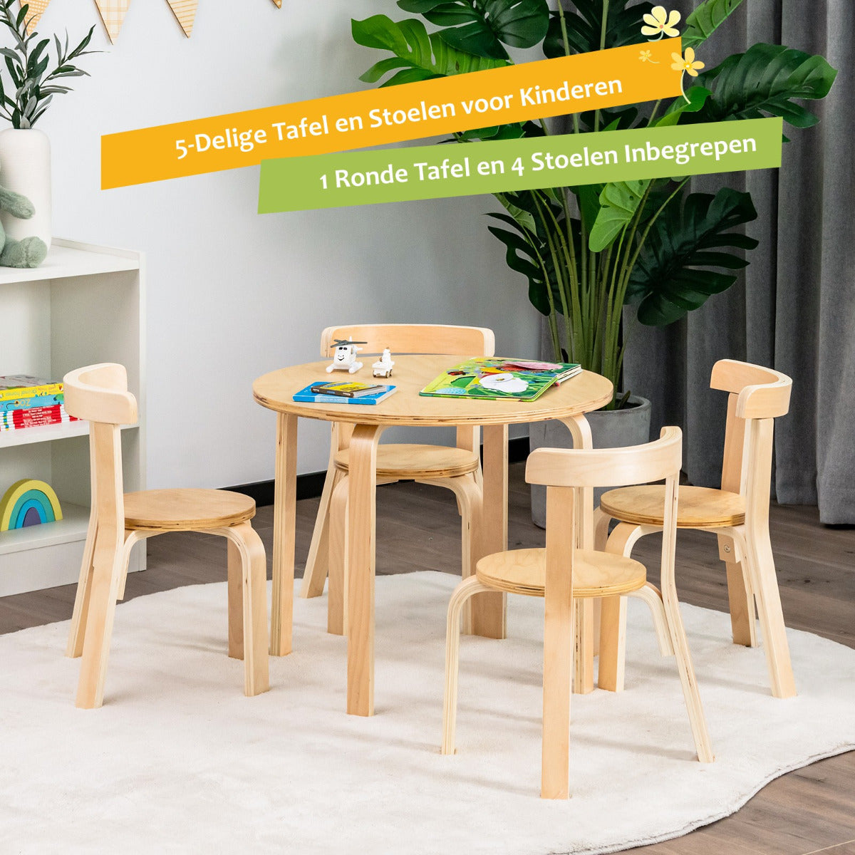 Livsk costway kindertafel houten tafel met 4 stoelen kindertafel en stoelset met rugleuning natuurlijk