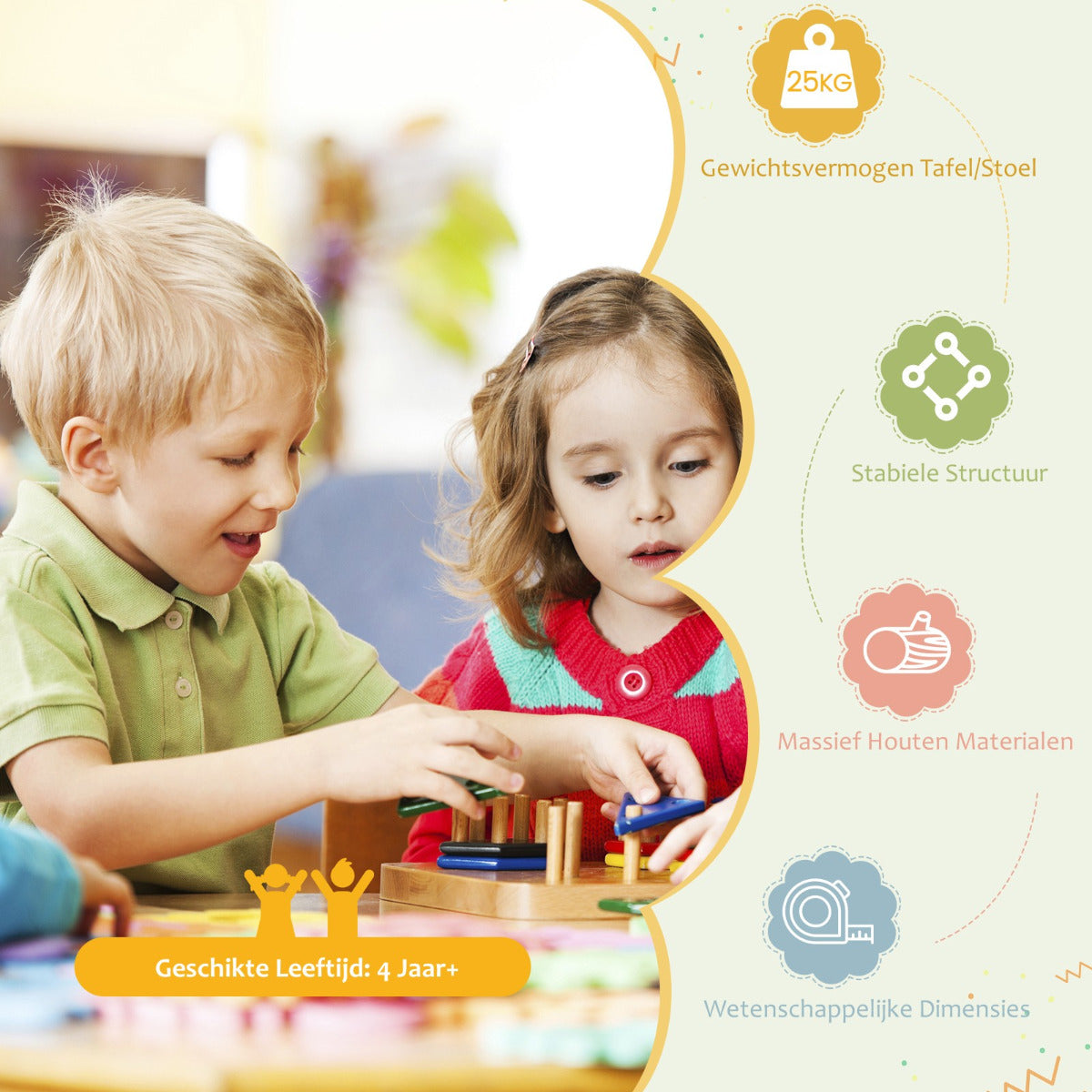 Livsk costway kindertafel houten tafel met 4 stoelen kindertafel en stoelset met rugleuning natuurlijk