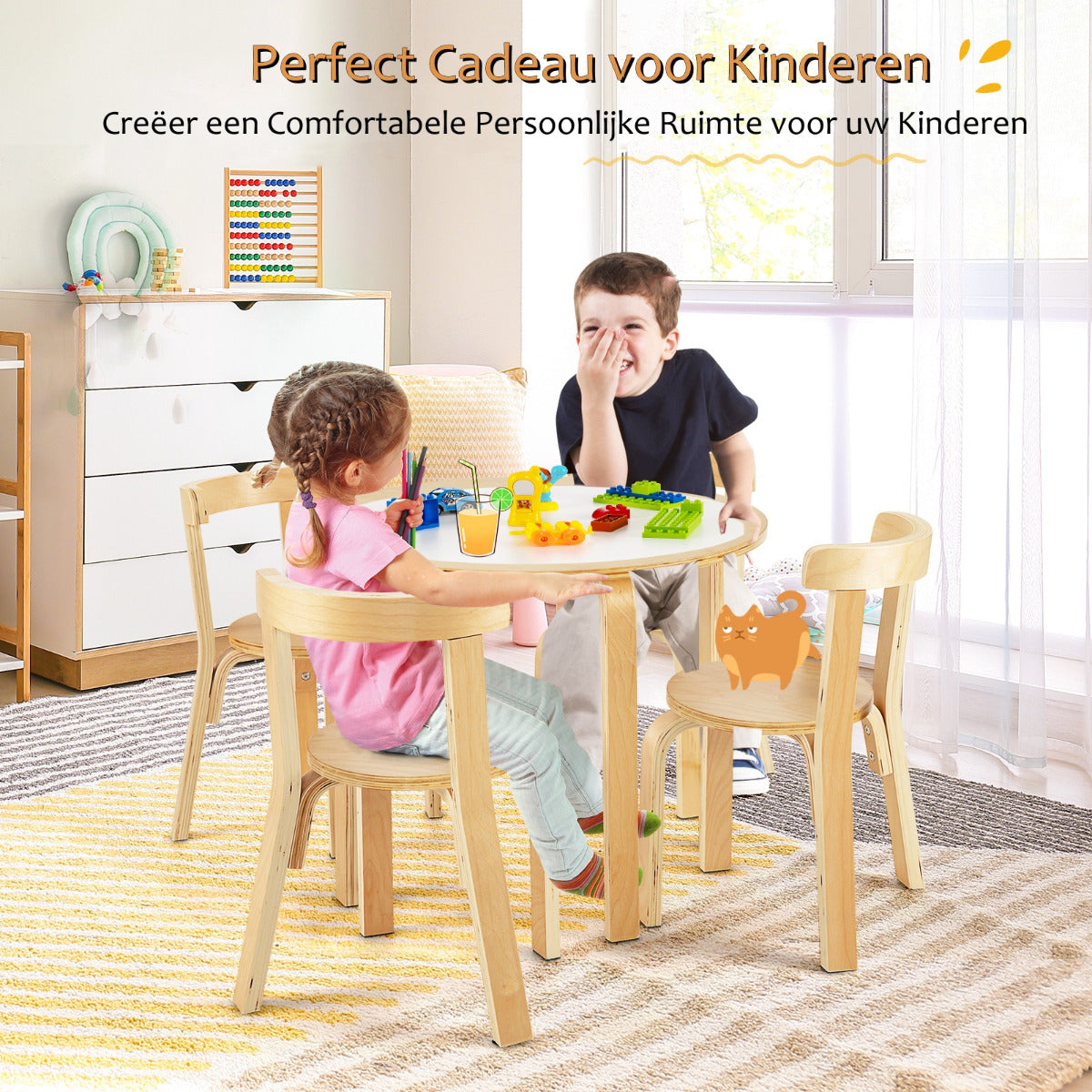 Livsk costway kindertafel houten tafel met 4 stoelen kindertafel en stoelset met rugleuning natuurlijk