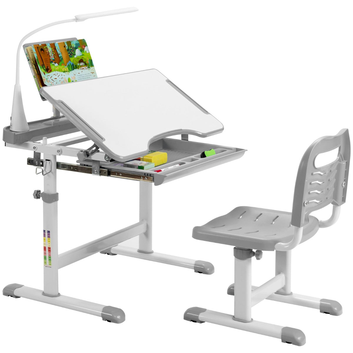 LIVSK Kindertafel en Stoel met LED-lamp - Verstelbare Hoogte - Inklapbaar - Duurzaam en Veilig - Tot 100 kg - Grijs